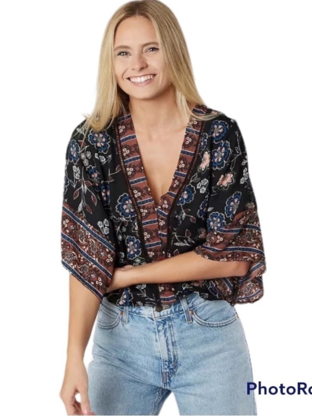 OLM Floral botanical Blue Gold wide sleeves faux wrap v-neck Surplice Top